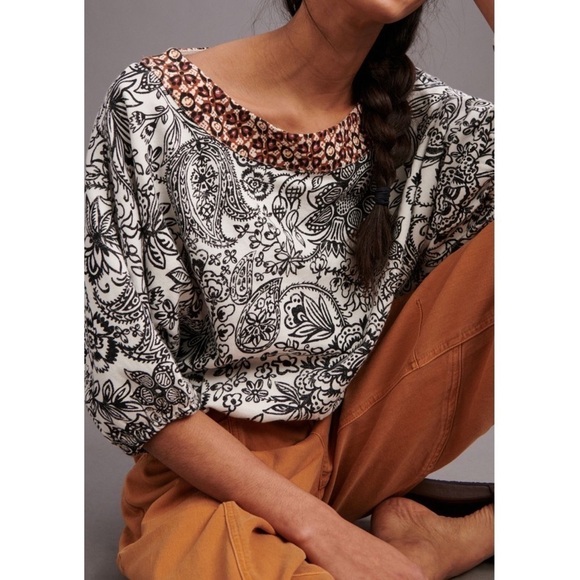 Nwt Anthropologie Samia Top Blouse Women’s tee boho Cotton Black White new - Picture 3 of 13